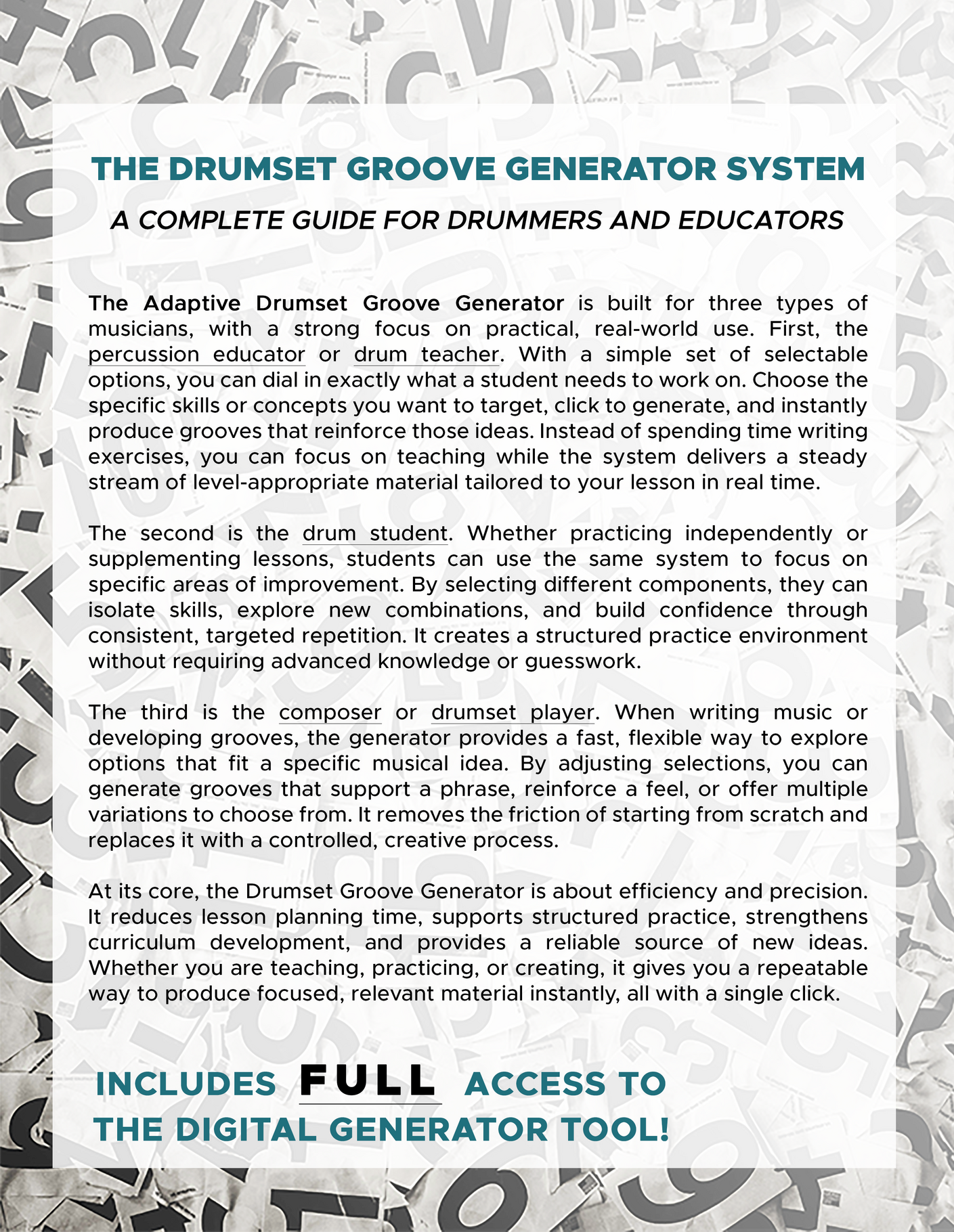 Drumset Groove Generator User Guide Back The back of the drumset groove user guide book.